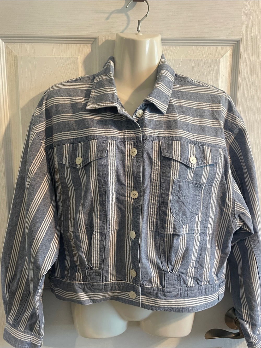 Cropped Striped Blue Jean Jacket